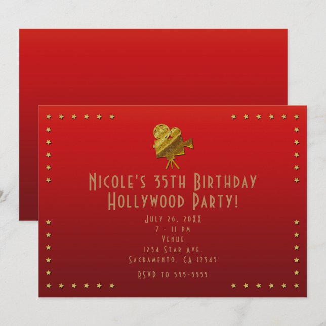 Red Cinema & Gold Stars Hollywood Party Invitation (Front/Back)