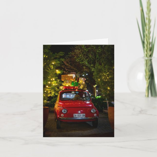 Red Cinquecento Car Decorated For Christmas Card (Front)