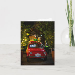 Red Cinquecento Car Decorated For Christmas Card