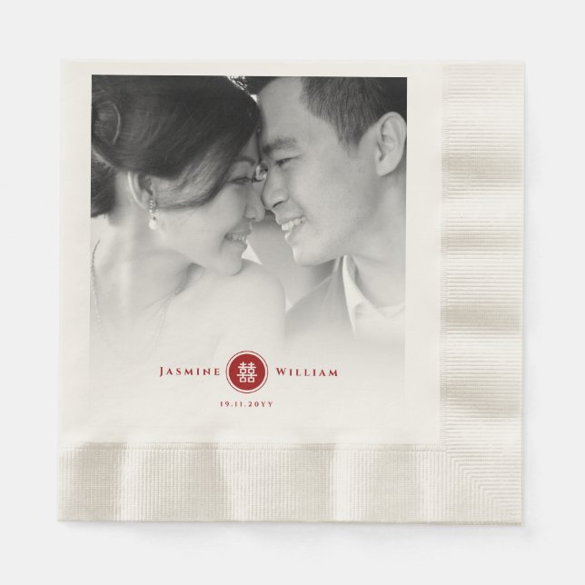 Red Circle Double Happiness Chinese Wedding Photo Napkin (Front)
