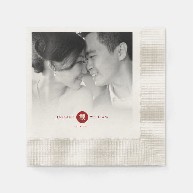 Red Circle Double Happiness Chinese Wedding Photo Napkin (Front)