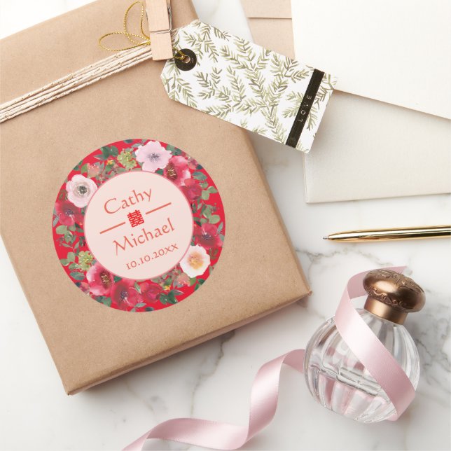 Red circle floral wreath modern Chinese wedding Classic Round Sticker (Gifting)