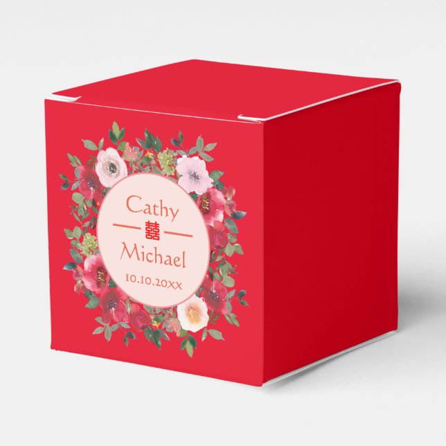 Red circle floral wreath modern Chinese wedding Favour Box (Front Side)
