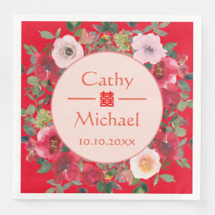Red circle floral wreath modern Chinese wedding Napkin