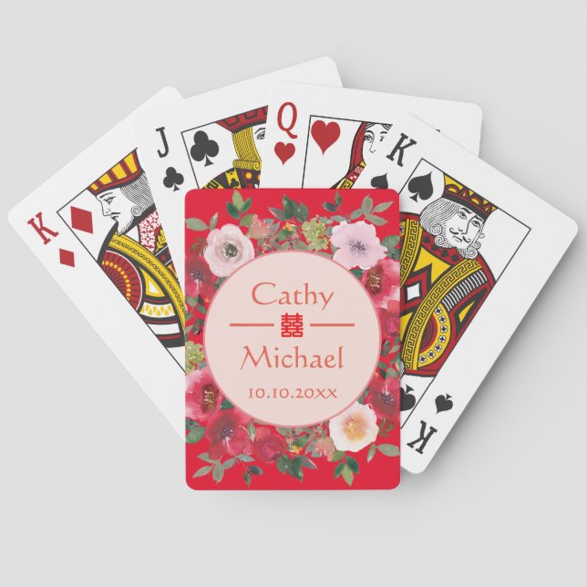 Red circle floral wreath modern Chinese wedding Playing Cards (Back)