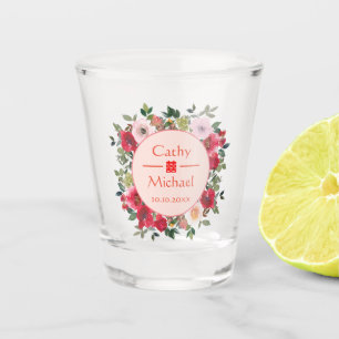 Red circle floral wreath modern Chinese wedding Shot Glass