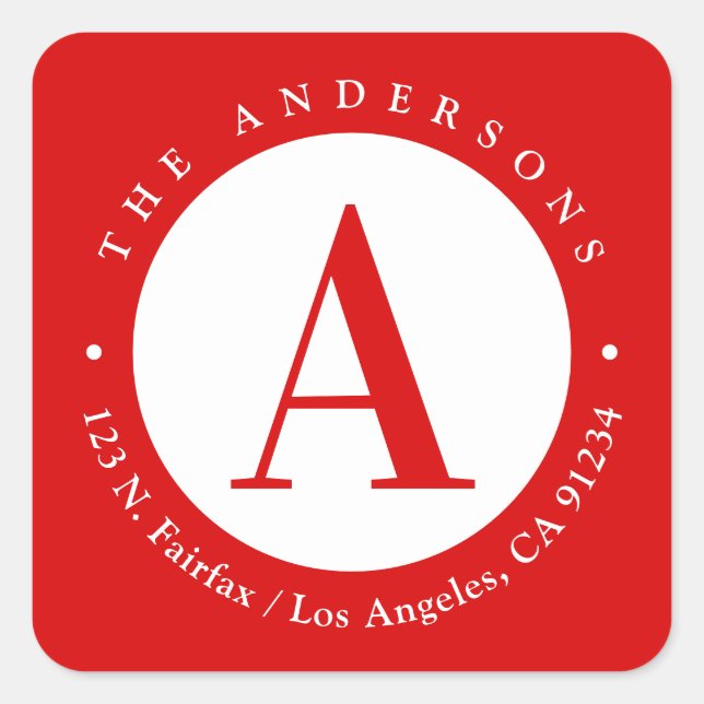 Red | Circle Monogram Return Address Square Sticker (Front)