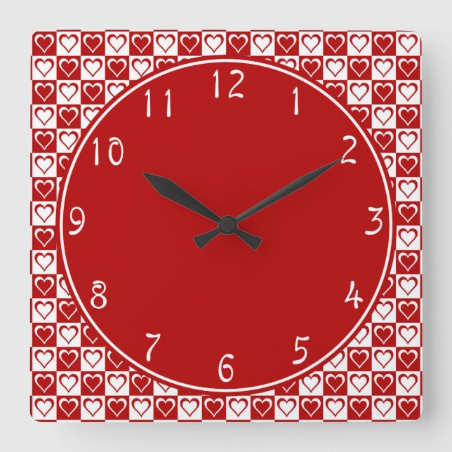 Red Circle with Chequerboard Heart patterns Square Wall Clock (Front)