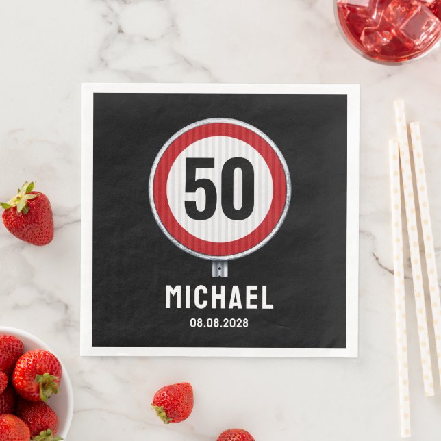 Red circular road sign with CUSTOM AGE birthday Napkin (Insitu)