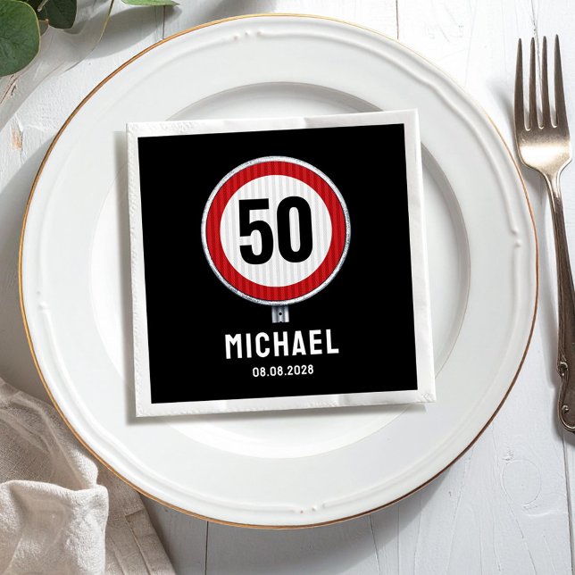 Red circular road sign with CUSTOM AGE birthday Napkin (Creator Uploaded)