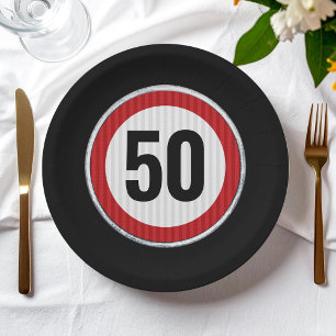 Red circular road sign with custom age birthday paper plate