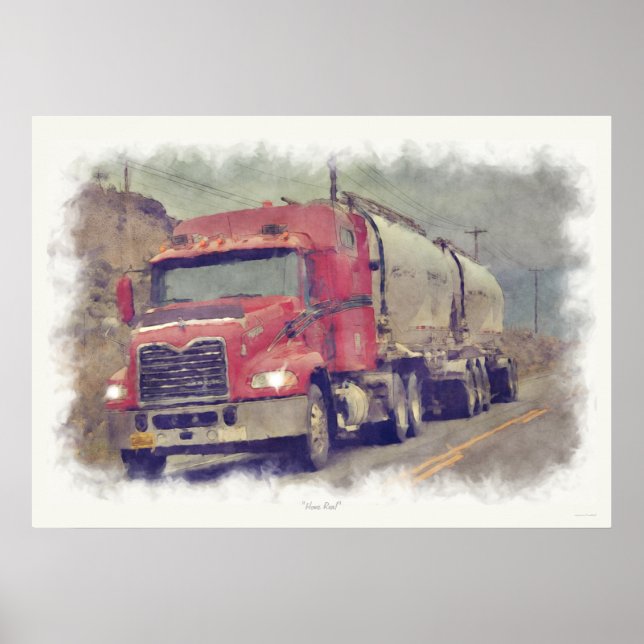 Red Cistern Truck Highway Driving Painting Print (Front)
