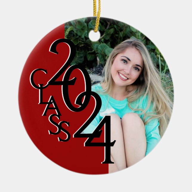 Red Class 2024 Graduation Photo Ceramic Tree Decoration (Front)