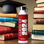 Red Class of 2024 Personalised Graduation Water Bottle<br><div class="desc">This classic red custom senior graduate water bottle features bold white typography reading class of 2024 in varsity letters for a high school or college graduation party keepsake gift. Customise with your name in elegant cursive script underneath for a great commemorative favour.</div>