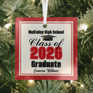 Red Class of 2026 Graduation Custom Christmas Glass Tree Decoration