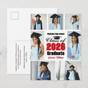 Red Class of 2026 Graduation Party Photo Collage Announcement Postcard