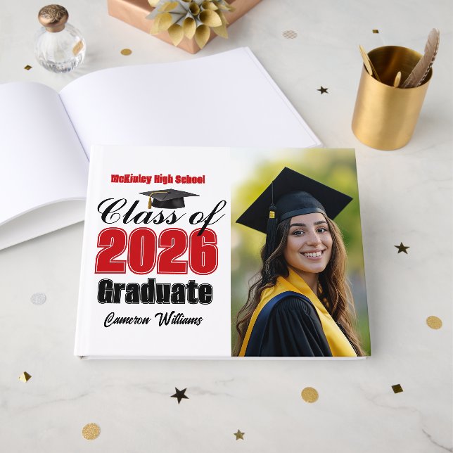 Red Class of 2026 Graduation Photo Guest Book (Front Open)
