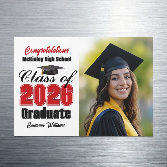 Red Class of 2026 Graduation Photo Magnet Card (Creator Uploaded)