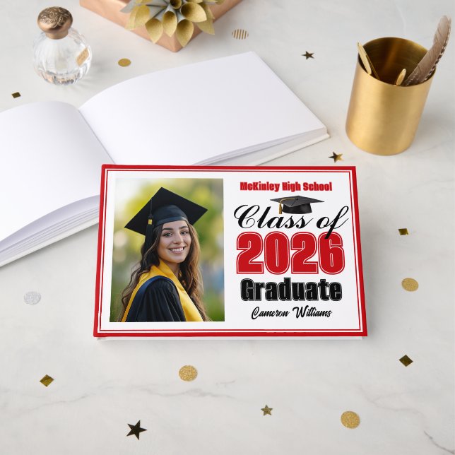 Red Class of 2026 Photo Small Graduation Guest Book (Front Open)
