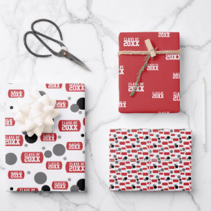 Red "Class Of" Dog Tag and Dots Pattern Wrapping Paper Sheet