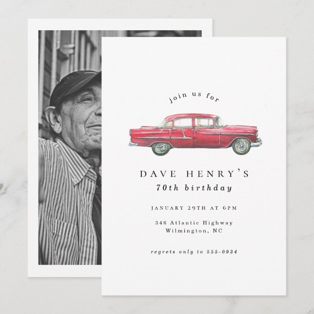 Red Classic Antique Car Male Photo Birthday Invitation (Front/Back)