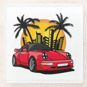 Red Classic Carrera in City Sunset Glass Coaster
