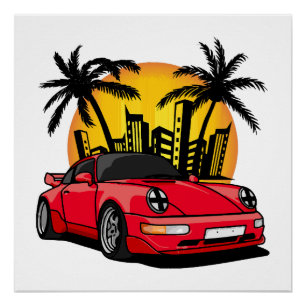 Red Classic Carrera in City Sunset Poster
