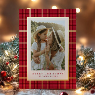 Red Classic Christmas Plaid Photo Foil Holiday Card