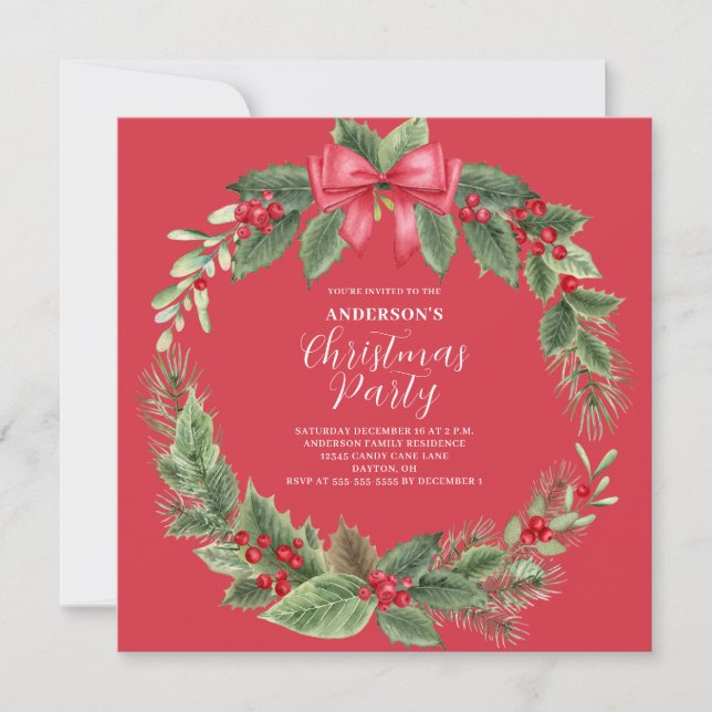 Red Classic Christmas Wreath Party Invitation (Front)