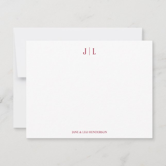 Red Classic Custom Monogram Couple Wedding Note Card (Front)