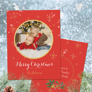 Red Classic Merry Christmas Golden Glitter Holiday Card