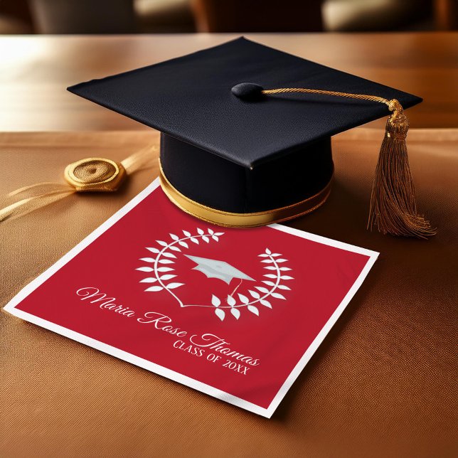 Red Classic Personalised Graduation  Napkin (Red graduation laurel custom personalized napkin)