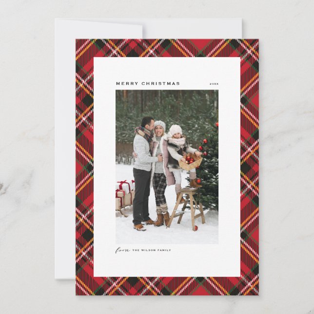 Red Classic Plaid Pattern Merry Christmas Photo Holiday Card (Front)