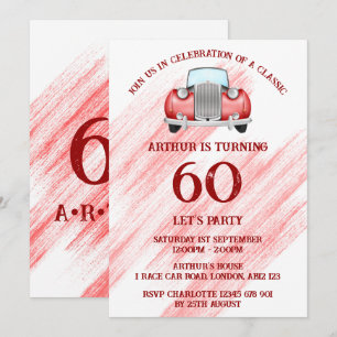 Red Classic Retro Car Vintage Watercolour Invitation
