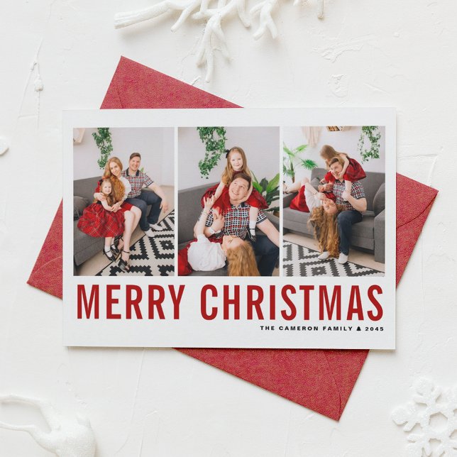 Red Classic Typography Photo Collage Christmas Holiday Card (Creator Uploaded)