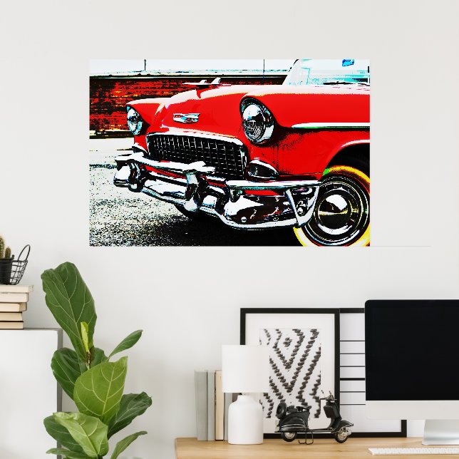 Red Classic Vintage Bel Air Car Art Poster (Home Office)
