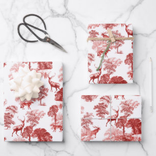 Red Classical French Country Toile Deer Forest Wrapping Paper Sheet