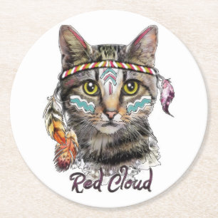 Red cloud cute cat round paper coaster