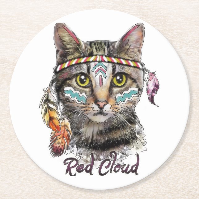 Red cloud cute cat round paper coaster (Front)