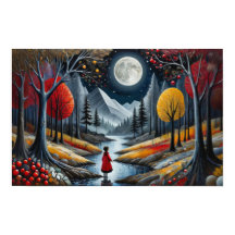 Red coat child exploring whimsical forest at night