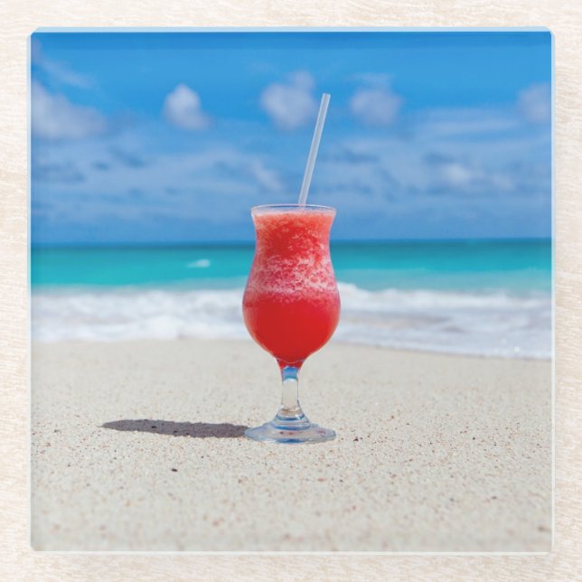 Red Cocktail by the Sea Photo Glass Coaster (Front)