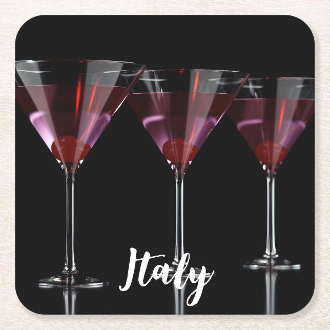 Red cocktails in martini glass with cherry square paper coaster (Front)