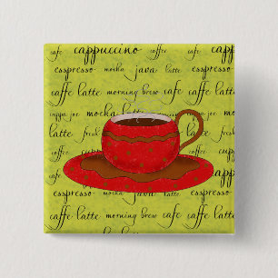 Red Coffee Cup Art on Lime Green Script Words 15 Cm Square Badge