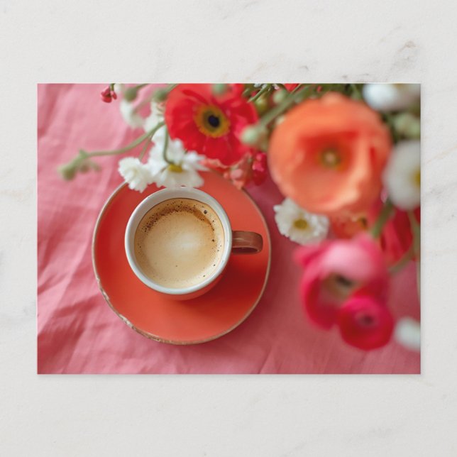 Red coffee cup surrounded by Ranunkel flowers Postcard (Front)