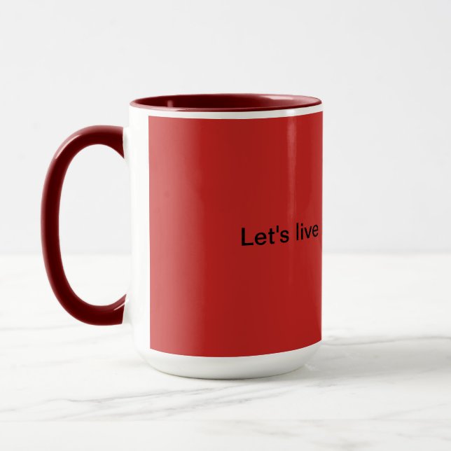 red coffee mug with title> (Left)