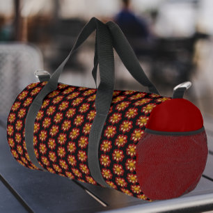 Red Collarette Dahlia Floral Pattern on Black Duffle Bag
