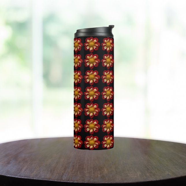 Red Collarette Dahlia Floral Pattern on Black Thermal Tumbler (In Situ)