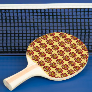 Red Collarette Dahlia Floral Pattern on Yellow Ping Pong Paddle