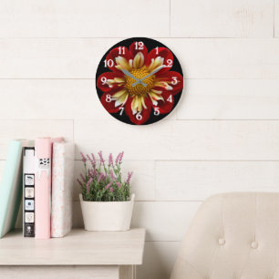 Red Collarette Dahlia on Black Floral Large Clock