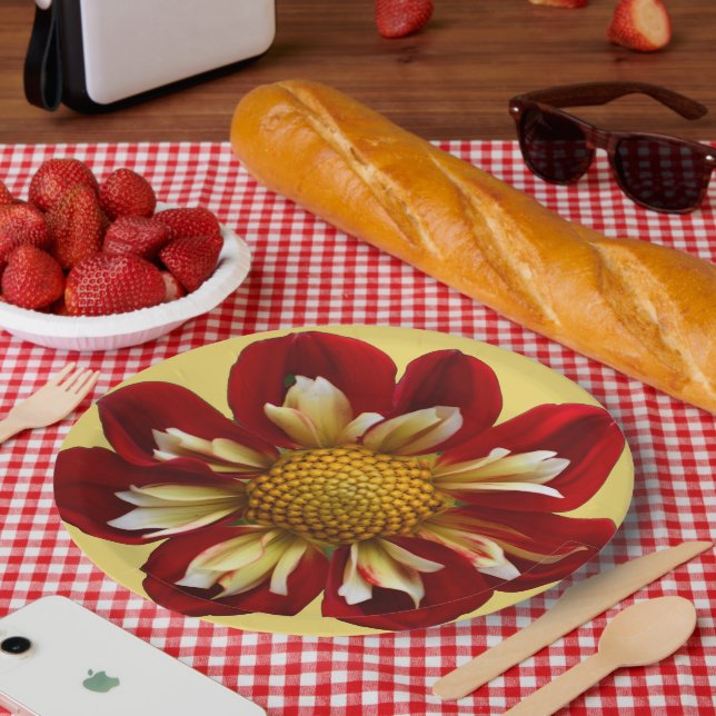 Red Collarette Dahlia on Yellow Floral Paper Plate (Picnic)